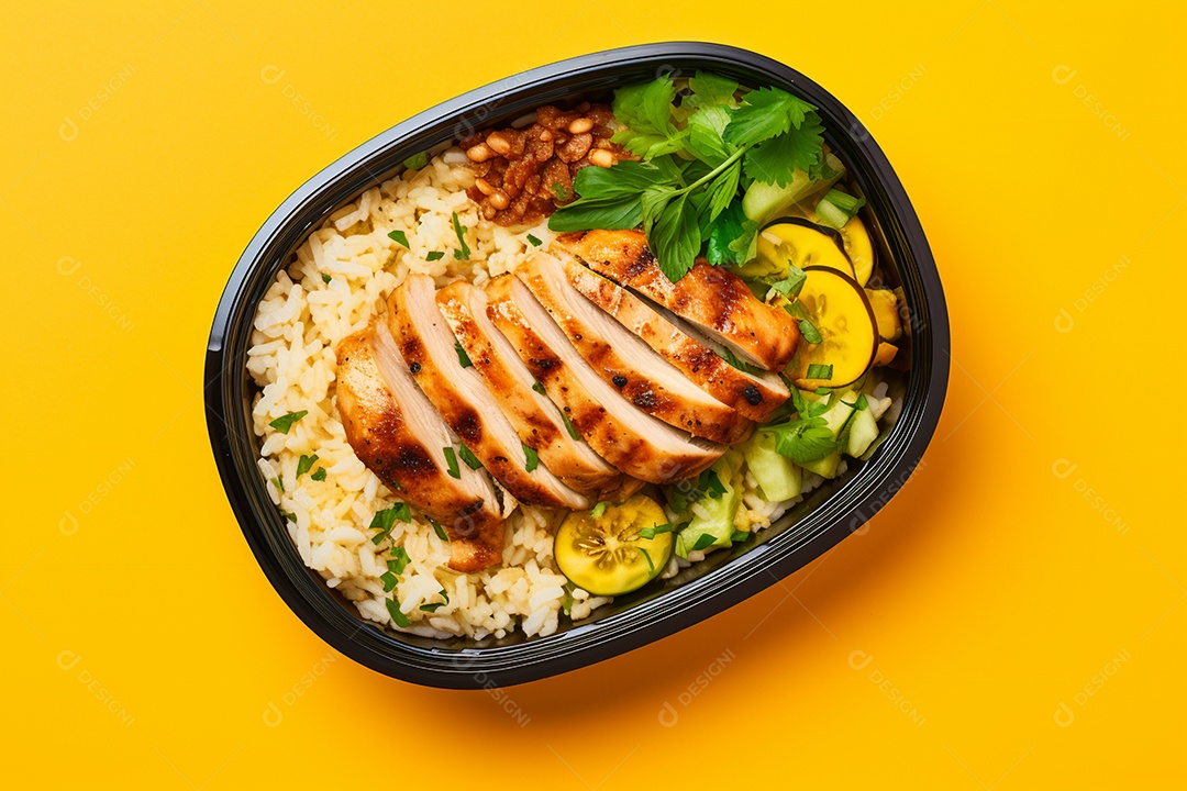 Marmitex de salada fit em fundo amarelo