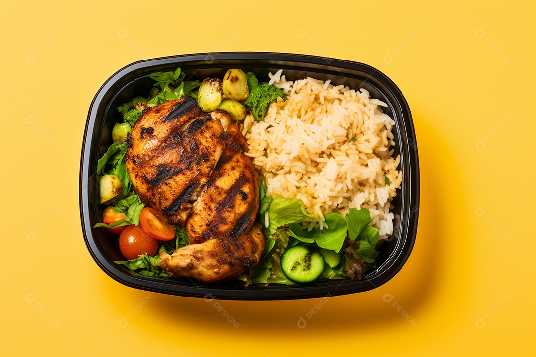 Marmitex de salada fit em fundo amarelo