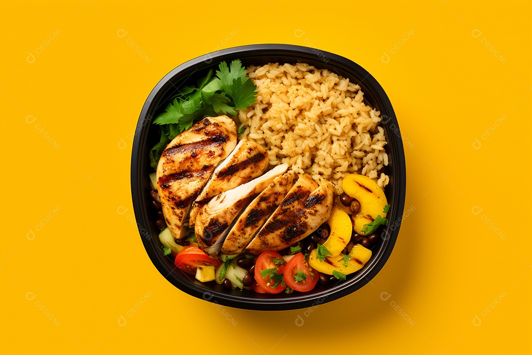 Marmitex de salada fit em fundo amarelo