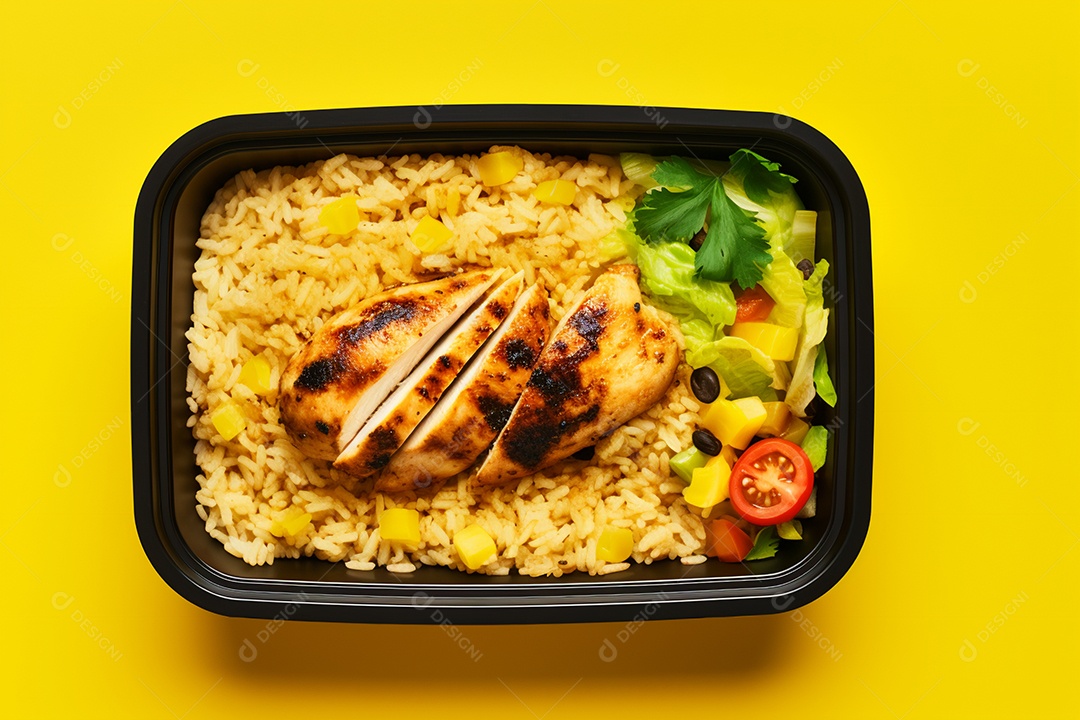 Marmitex de salada fit em fundo amarelo