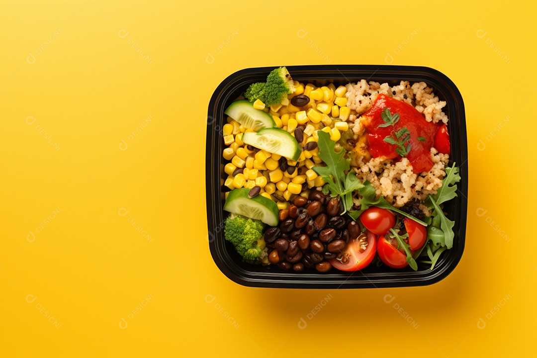 Marmitex de salada fit em fundo amarelo