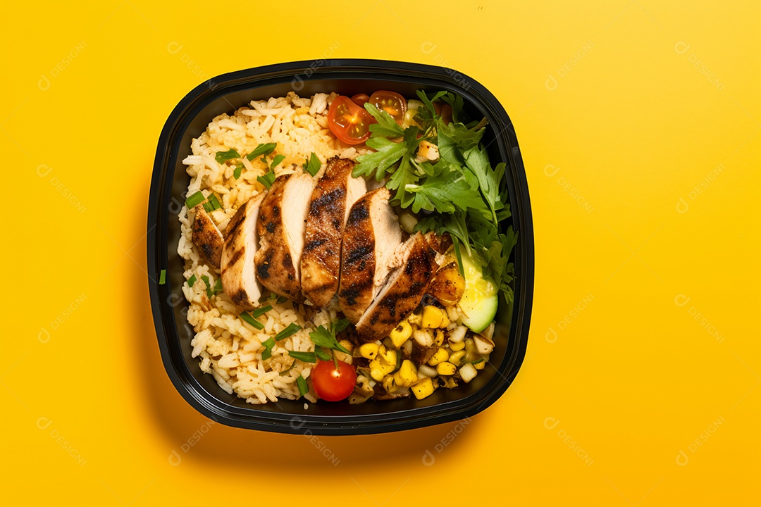 Marmitex de salada fit em fundo amarelo