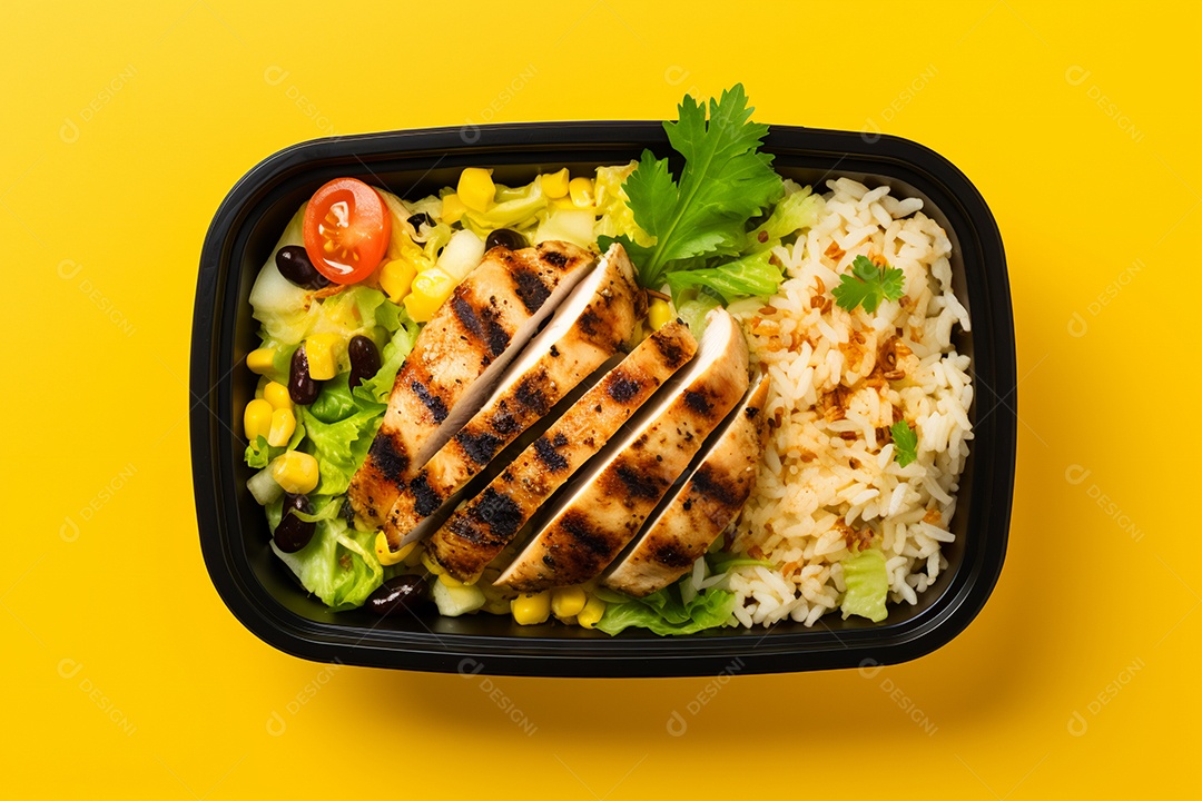 Marmitex de salada fit em fundo amarelo