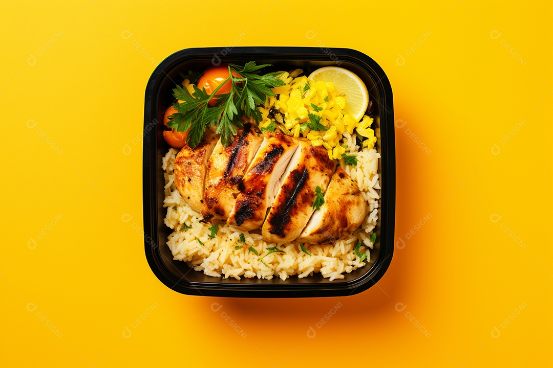 Marmitex de salada fit em fundo amarelo