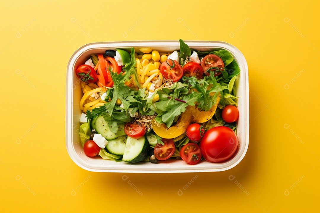 Marmitex de salada fit em fundo amarelo