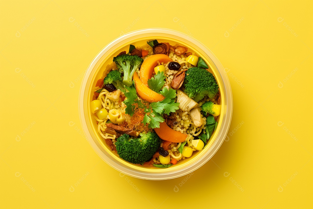 Marmitex de salada fit em fundo amarelo