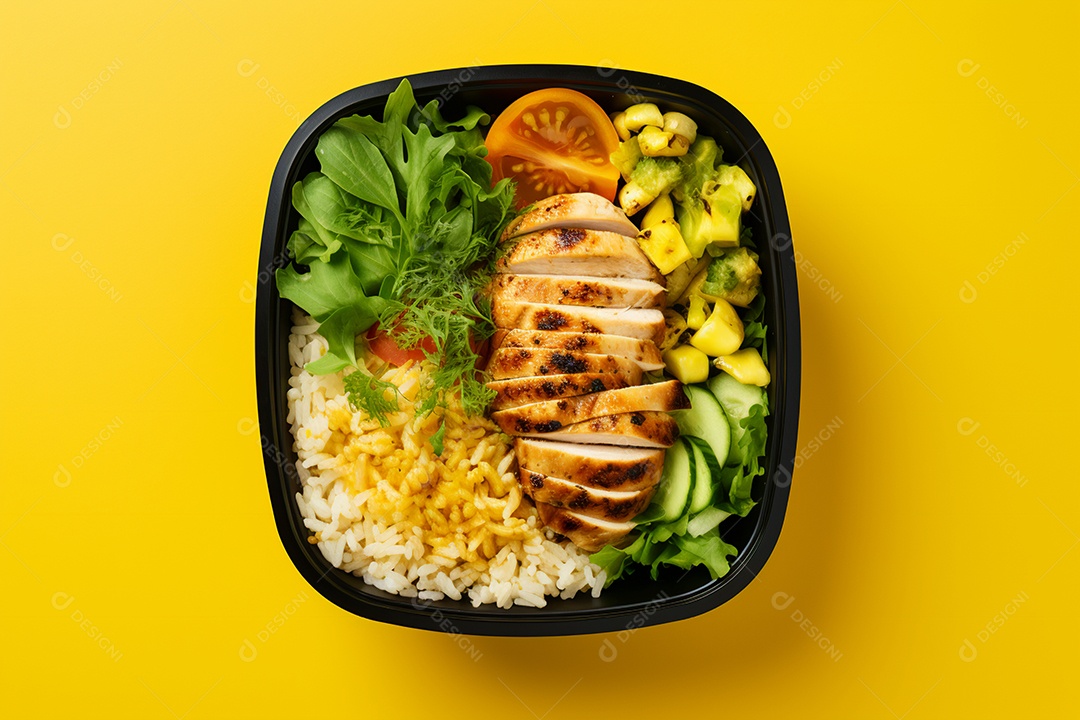 Marmitex de salada fit em fundo amarelo