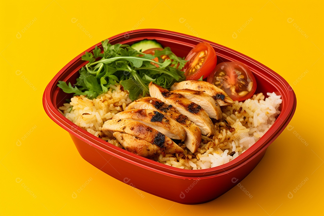 Marmitex de salada fit em fundo amarelo