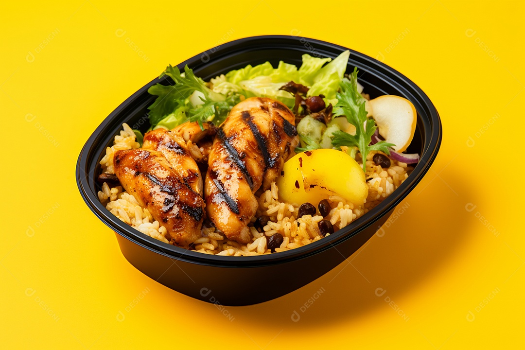 Marmitex de salada fit em fundo amarelo