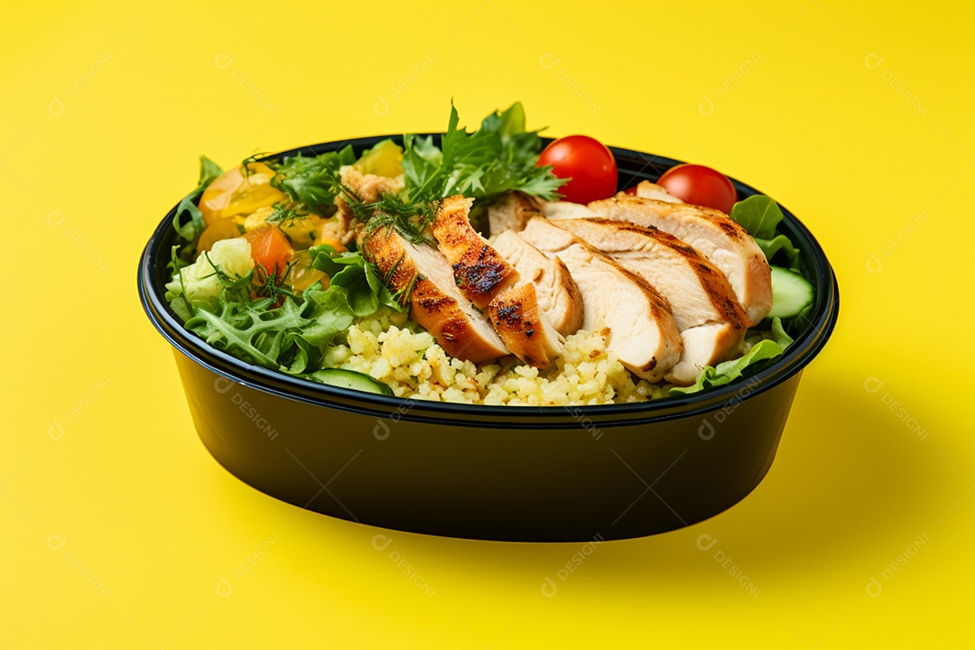 Marmitex de salada fit em fundo amarelo