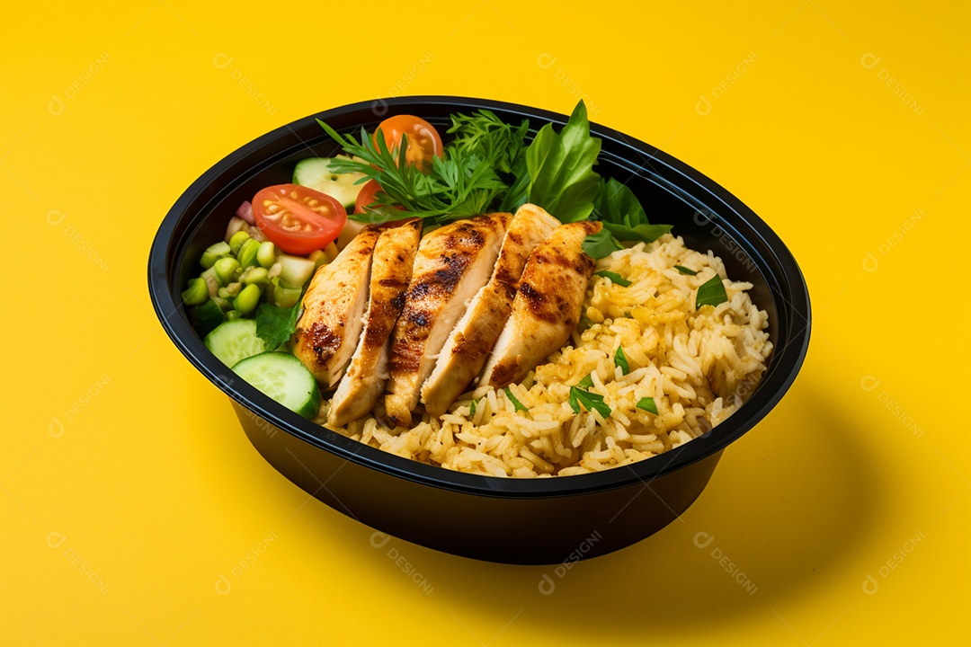 Marmitex de salada fit em fundo amarelo