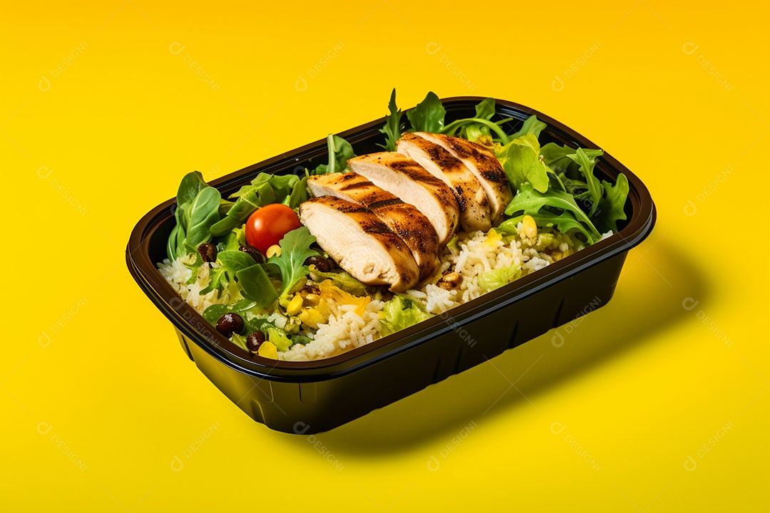 Marmitex de salada fit em fundo amarelo