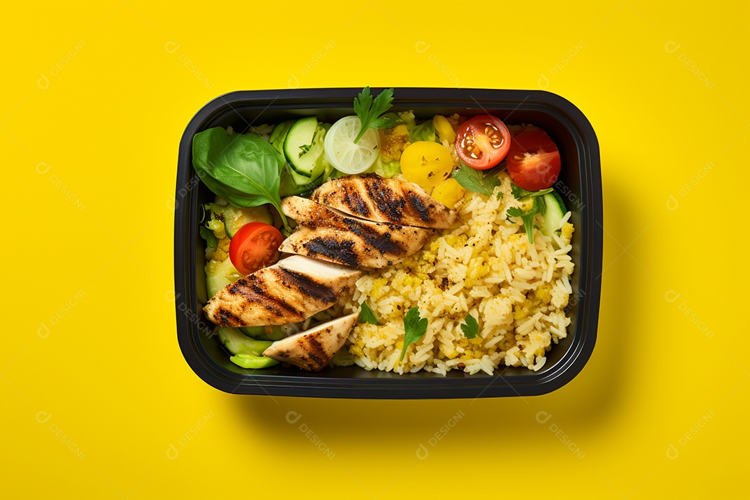 Marmitex de salada fit em fundo amarelo