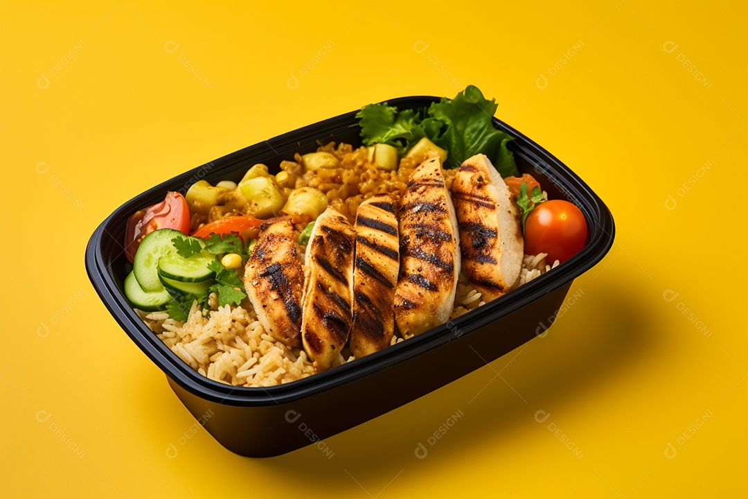 Marmitex de salada fit em fundo amarelo