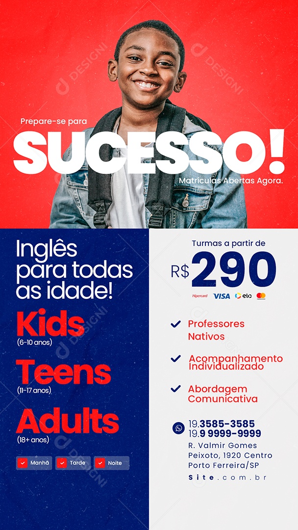 Story Escola De Idiomas Prepare-se para Sucesso Inglês para Todas as Idades Social Media PSD Editável