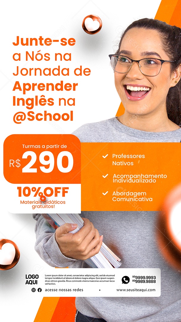 Story Escola De Idiomas Junte-se a Nós na Jornada de Aprender Inglês Turmas a Partir de 290,00 Social Media PSD Editável