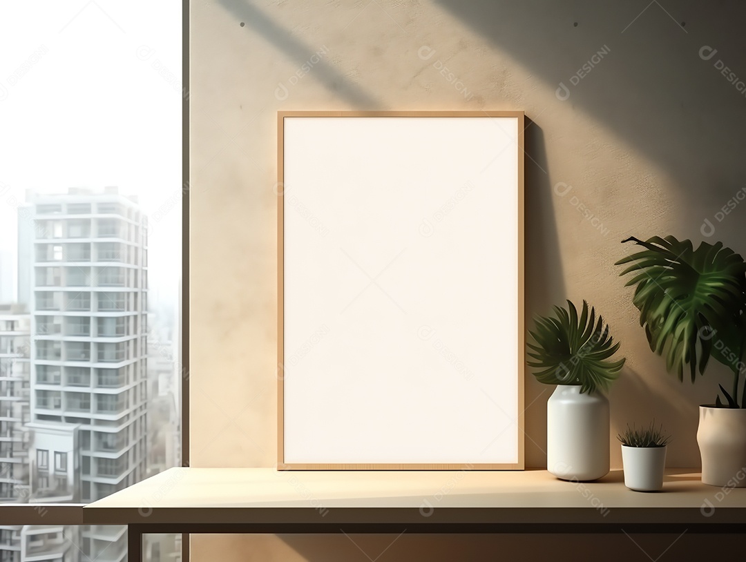 Casa contemporânea e aconchegante com sala de estar com moldura em branco para decoração