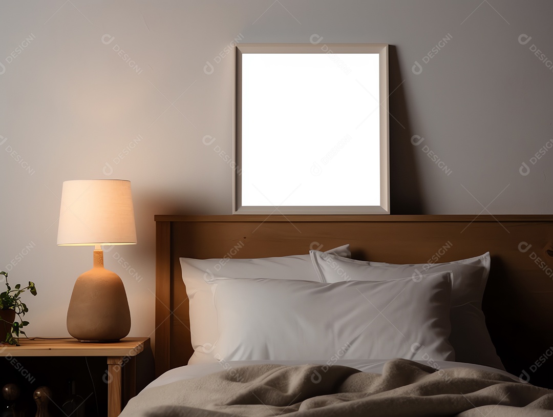 Quarto moderno e aconchegante com moldura vazia em branco na parede para decoração