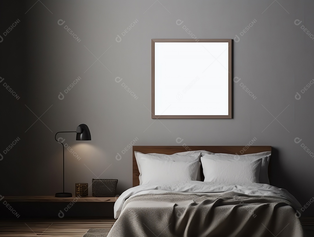 Quarto moderno e aconchegante com moldura vazia em branco na parede para decoração