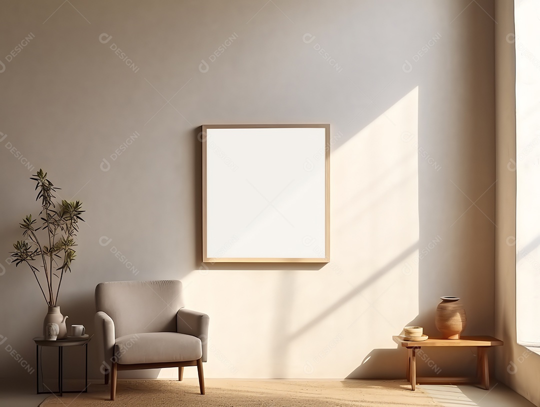 Quarto moderno e aconchegante com moldura vazia em branco na parede para decoração