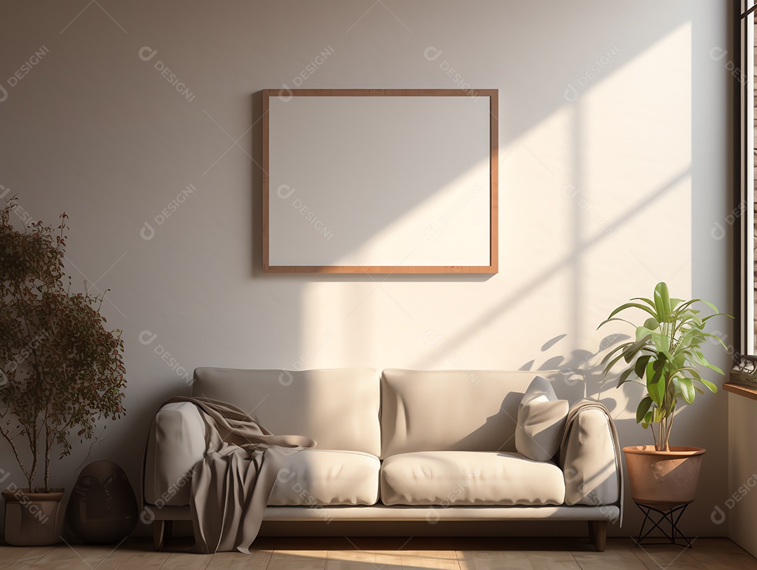 Casa contemporânea e aconchegante com sala de estar com moldura em branco para decoração