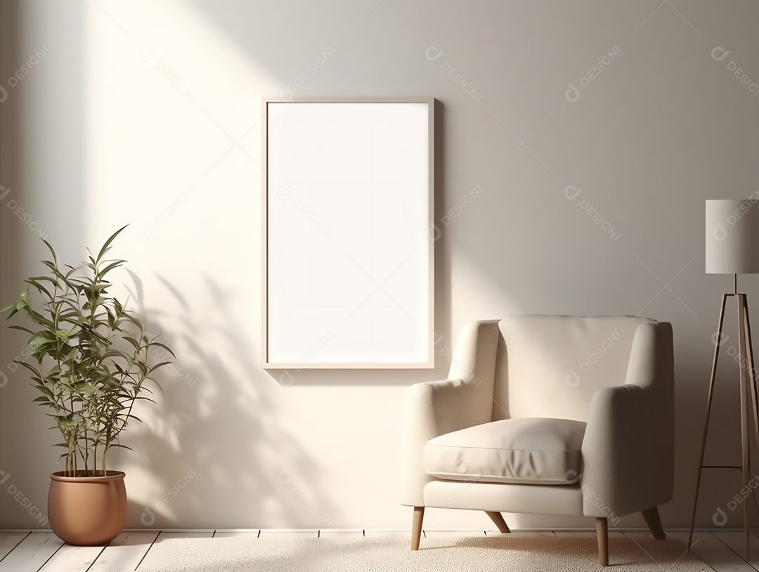 Casa contemporânea e aconchegante com sala de estar com moldura em branco para decoração