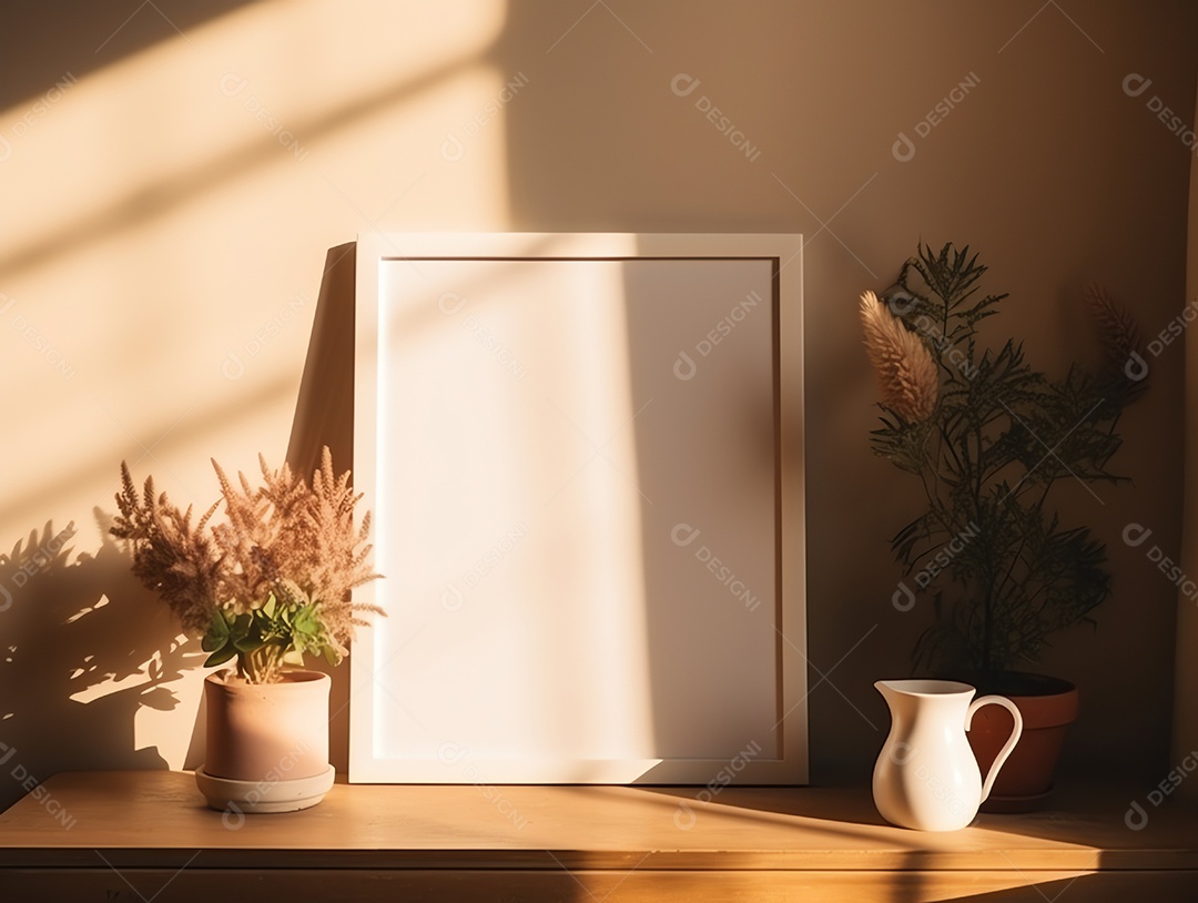 Casa contemporânea e aconchegante com sala de estar com moldura em branco para decoração