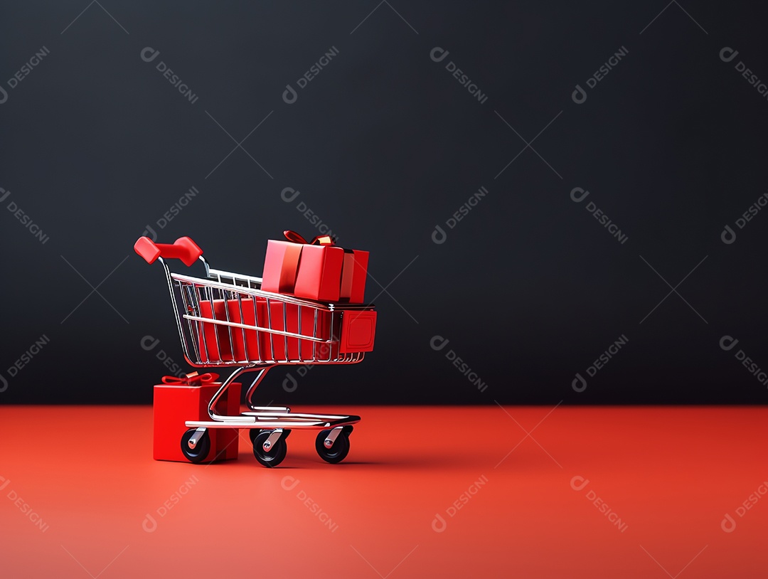 Carrinho de compras com caixas de presente para o conceito de feriado de sexta-feira negra