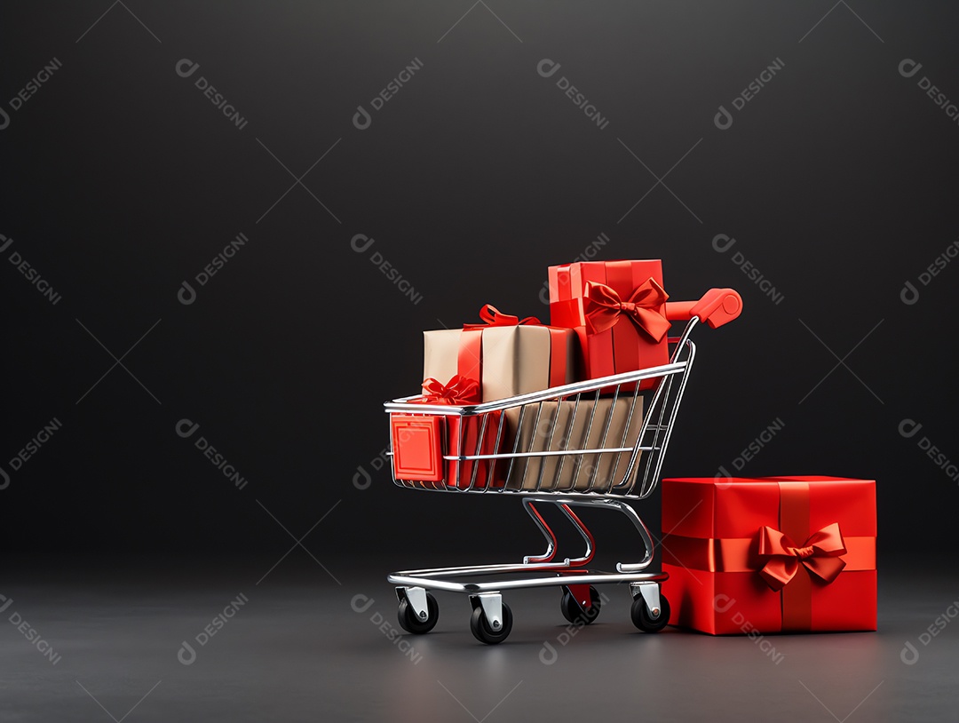 Carrinho de compras com caixas de presente para o conceito de feriado de sexta-feira negra