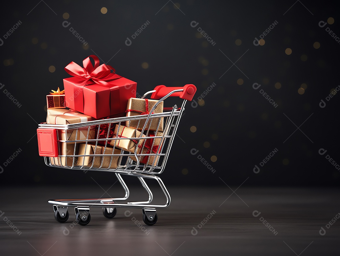 Carrinho de compras com caixas de presente para o conceito de feriado de sexta-feira negra