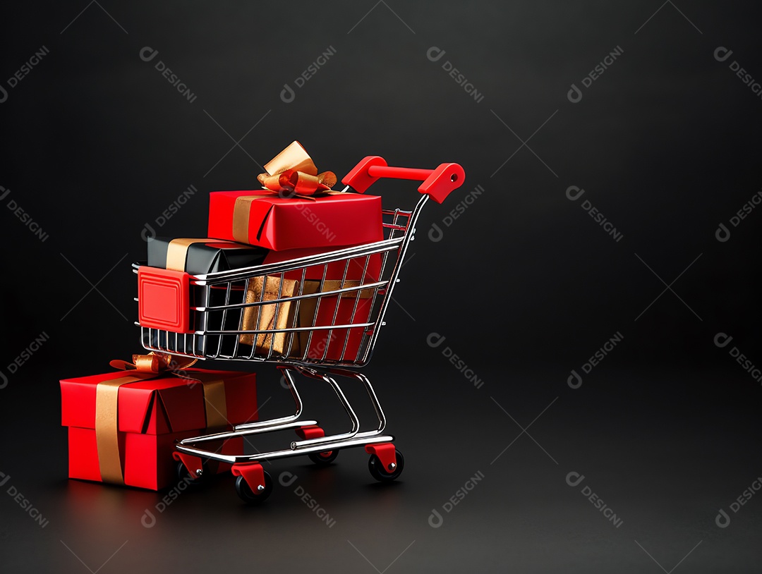 Carrinho de compras com caixas de presente para o conceito de feriado de sexta-feira negra