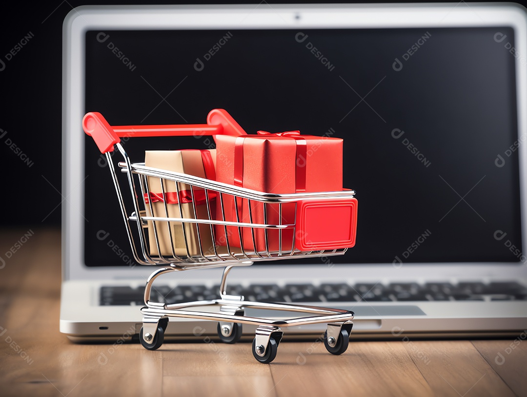 Carrinho de compras com caixas de presente no laptop para o conceito de feriado de sexta-feira negra, compras on-line