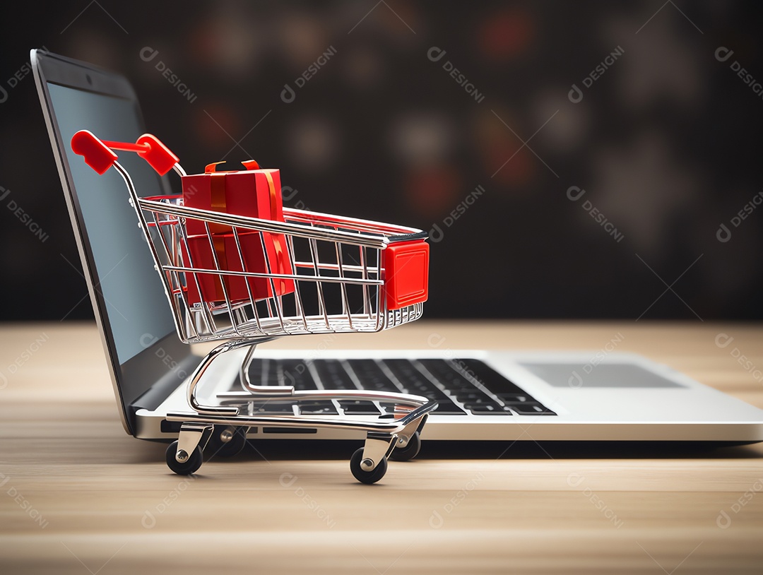 Carrinho de compras com caixas de presente no laptop para o conceito de feriado de sexta-feira negra, compras on-line