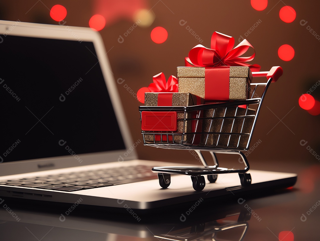Carrinho de compras com caixas de presente no laptop para o conceito de feriado de sexta-feira negra, compras on-line