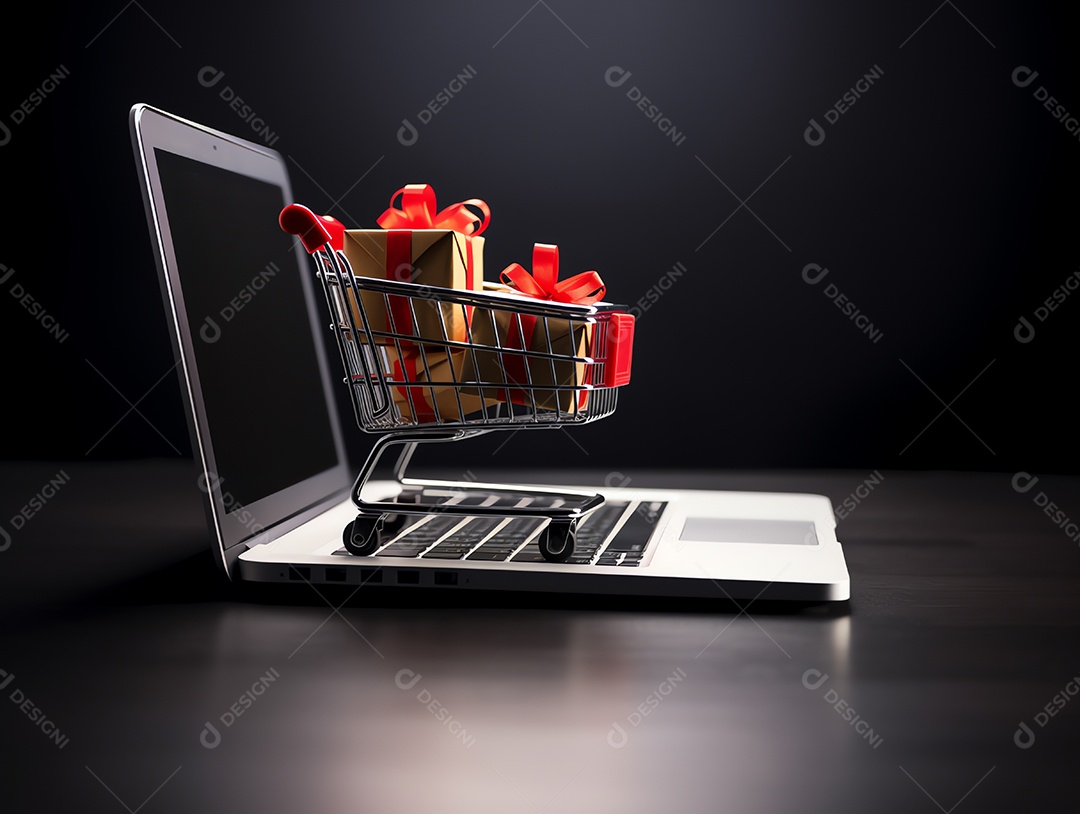 Carrinho de compras com caixas de presente no laptop para o conceito de feriado de sexta-feira negra, compras on-line