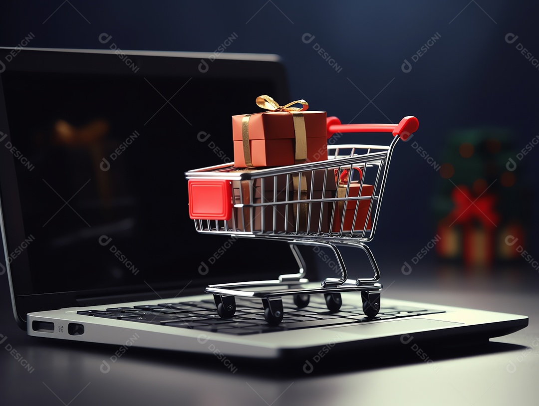 Carrinho de compras com caixas de presente no laptop para o conceito de feriado de sexta-feira negra, compras on-line