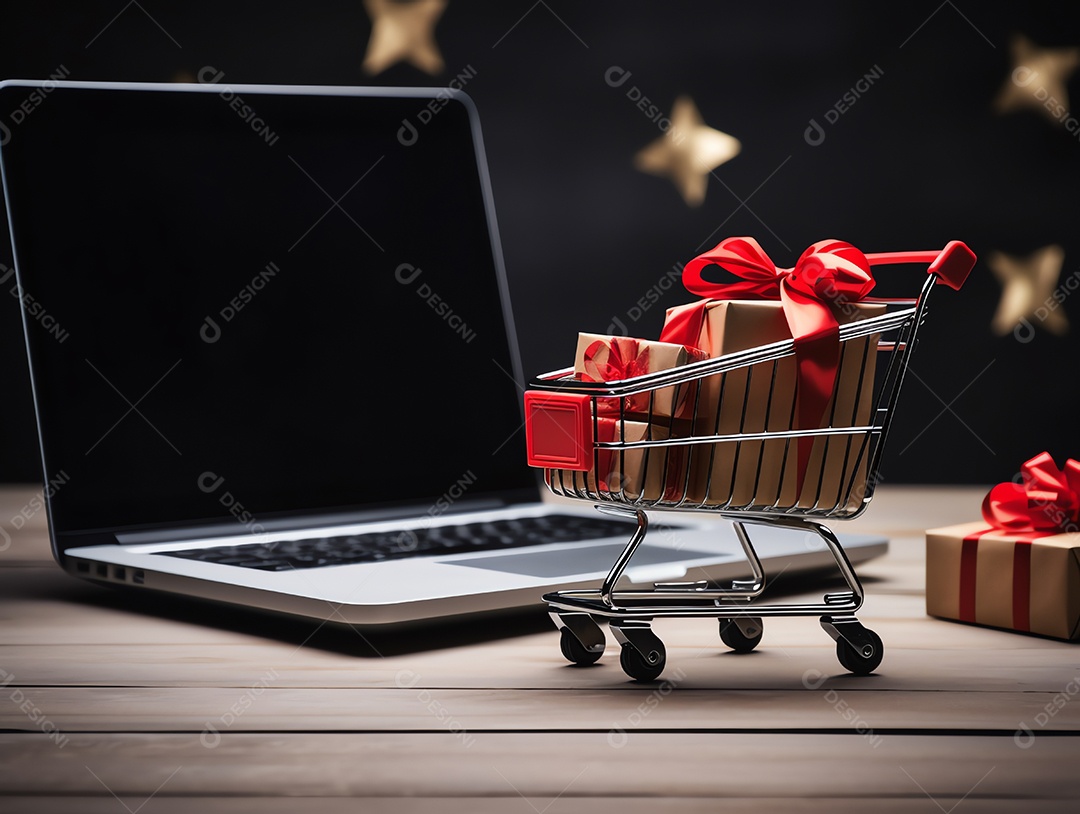 Carrinho de compras com caixas de presente no laptop para o conceito de feriado de sexta-feira negra, compras on-line
