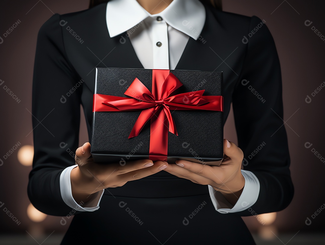 Mulher segurando uma caixa de presente para o conceito de feriado de sexta-feira negra, desconto em compras