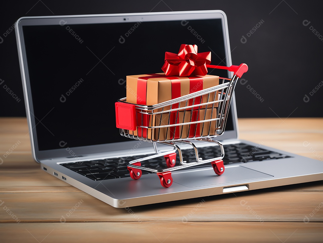 Carrinho de compras com caixas de presente no laptop para o conceito de feriado de sexta-feira negra, compras on-line