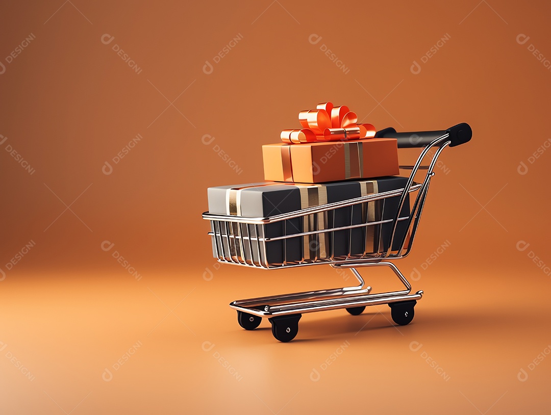 Carrinho de compras com caixas de presente no laptop para o conceito de feriado de sexta-feira negra, compras on-line