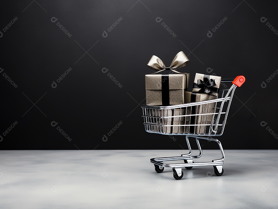 Carrinho de compras com caixas de presente no laptop para o conceito de feriado de sexta-feira negra, compras on-line