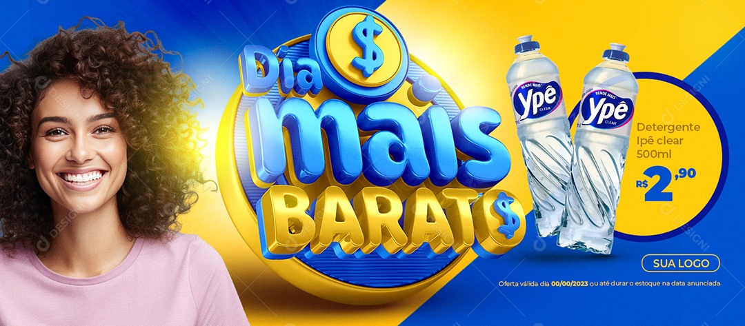 Banner Dia Mais Barato Supermercado Detergente Ype Clear Social Media PSD Editável