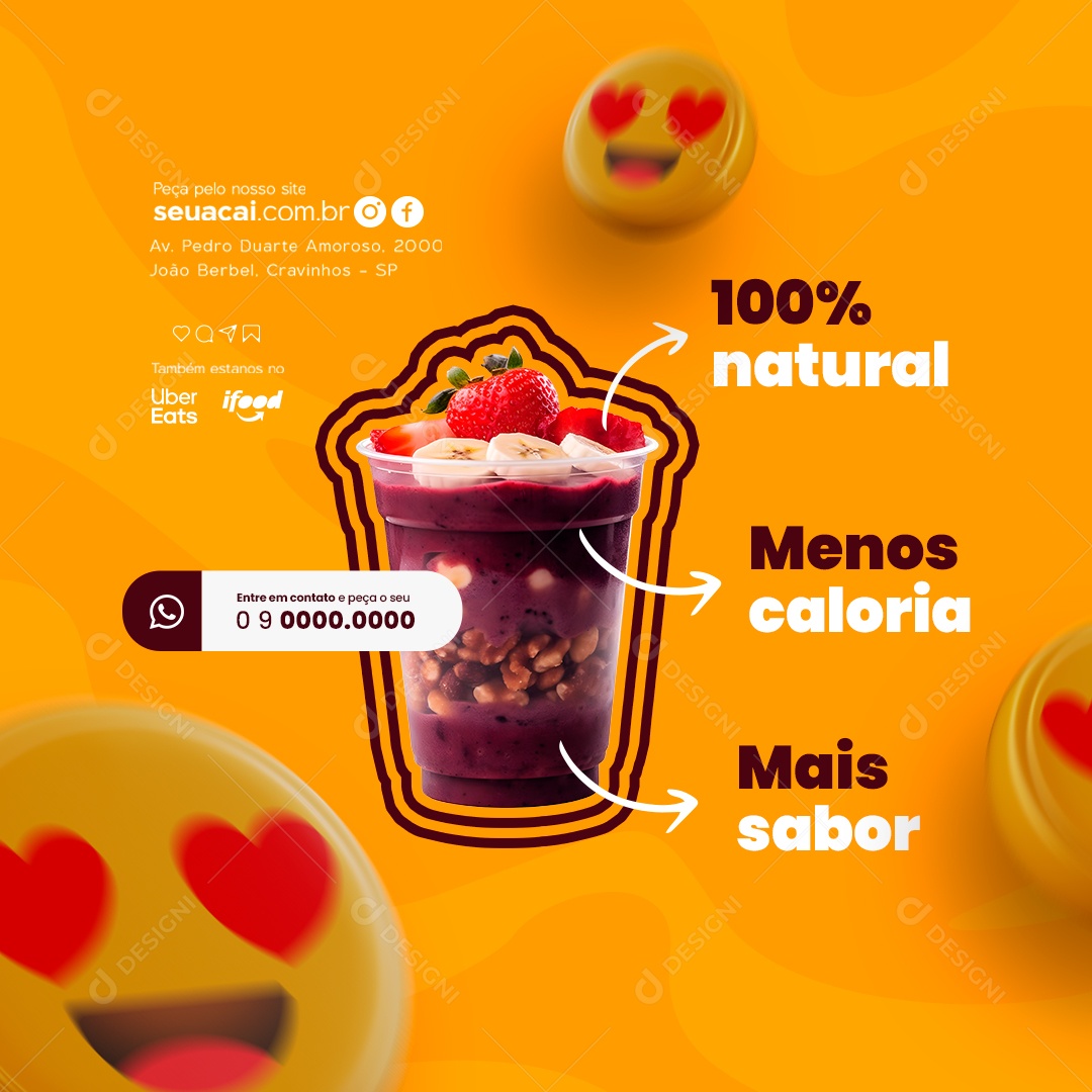 Açaiteria Entre em Contato e Peça o Seu 100% Natural Menos Caloria Mais Sabor Social Media PSD Editável