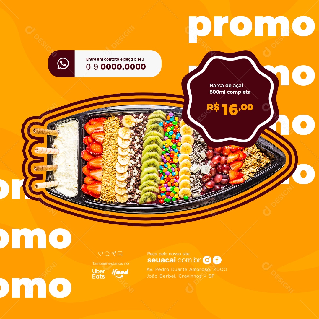 Açaiteria Promo Barca de Açaí 800ml Completa 16,00 Social Media PSD Editável
