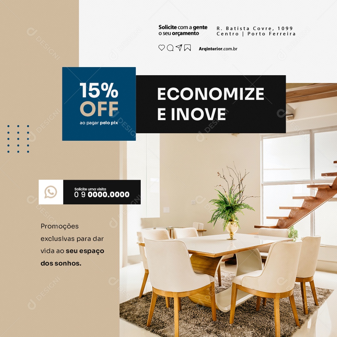 Arquiteto de Interiores Economize e Inove 15% Off Social Media PSD Editável
