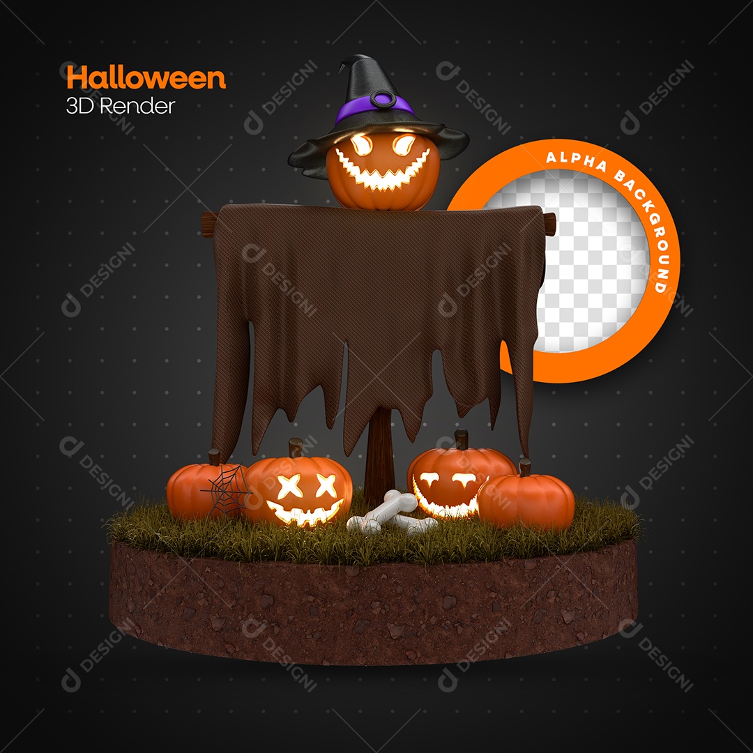 Espantalho com Cabeça de Abóbora e Chapéu de Bruxa sobre Pódio Elemento 3D para Composição PSD