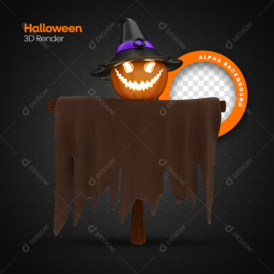 Espantalho com Cabeça de Abóbora e Chapéu de Bruxa Elemento 3D para Composição PSD
