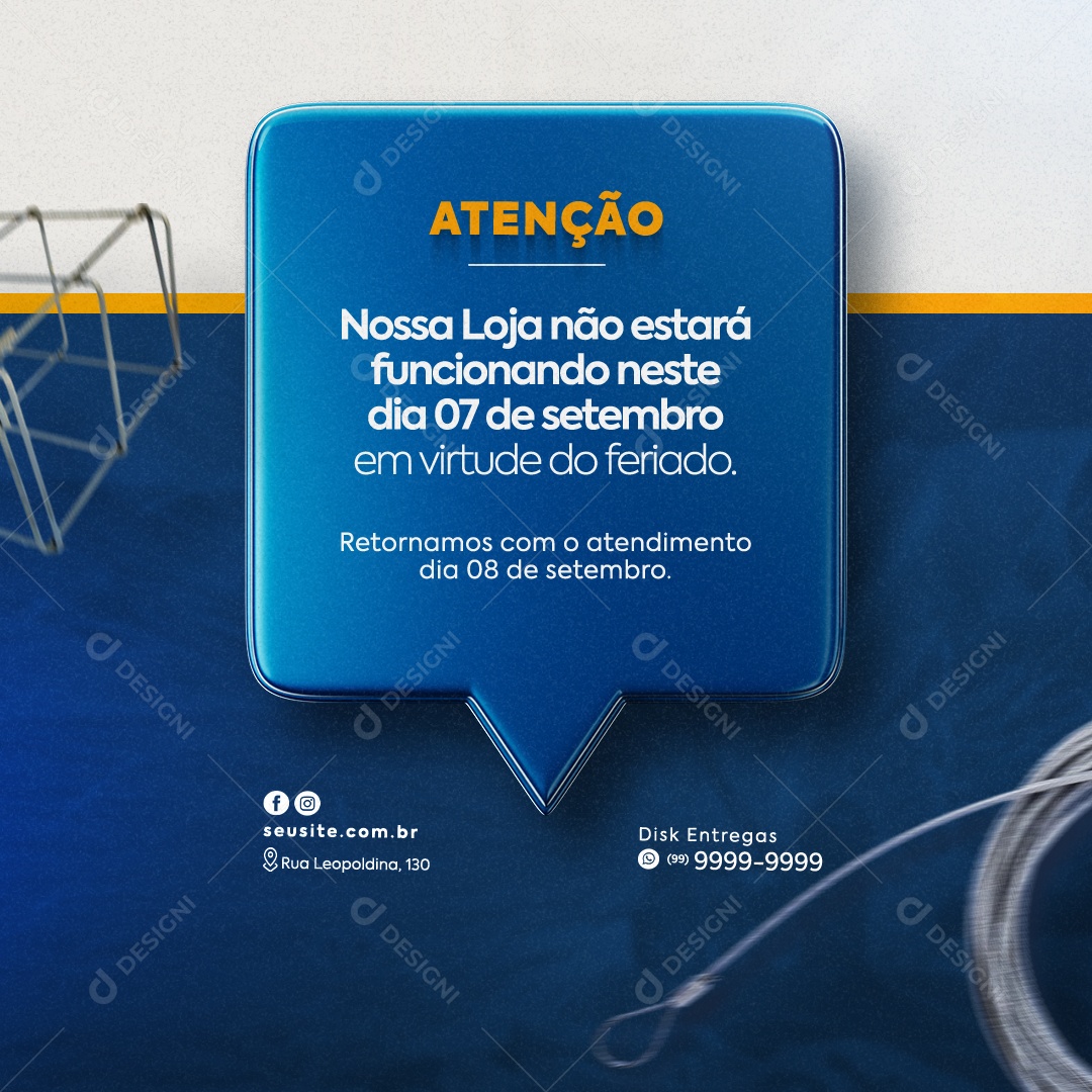 Materiais de Construção Ferragens Atenção Nossa Loja não Estará Funcionando Neste Dia 07 De Setembro Social Media PSD Editável