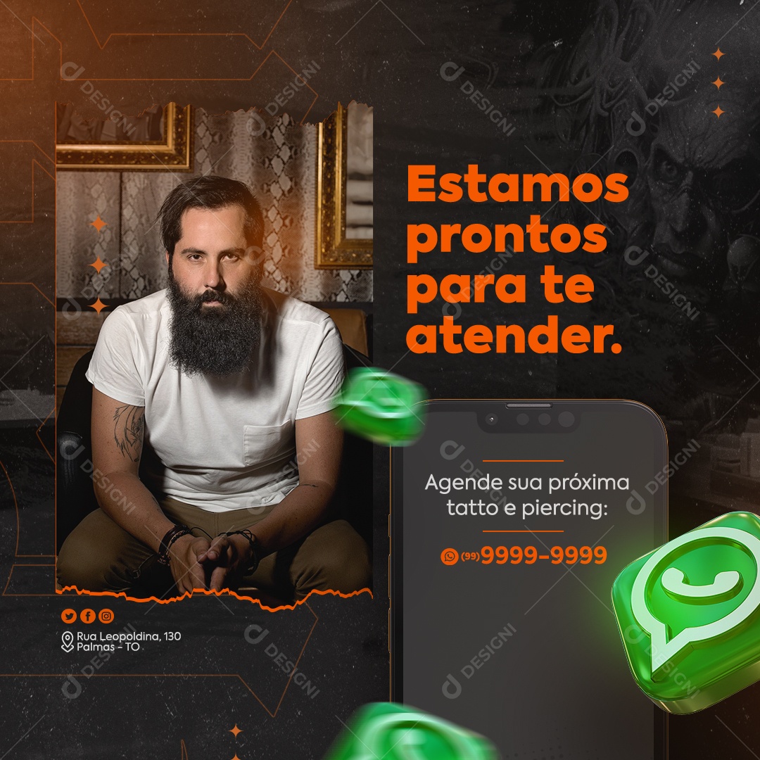 Tatuagem Estamos Prontos para te Atender Agenda sua Próxima Tatto e Piercing Social Media PSD Editável