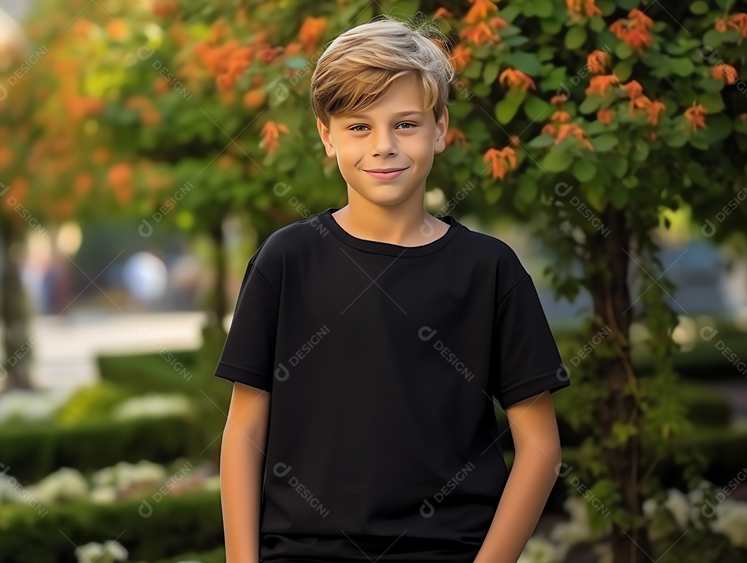 Garoto bonito vestindo maquete de camiseta preta vazia em branco para modelo de design